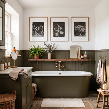 Bathroom Decor Sets Dark Botanical Wildflower & Blossom wall art displayed on a wall in a styled room — view 6