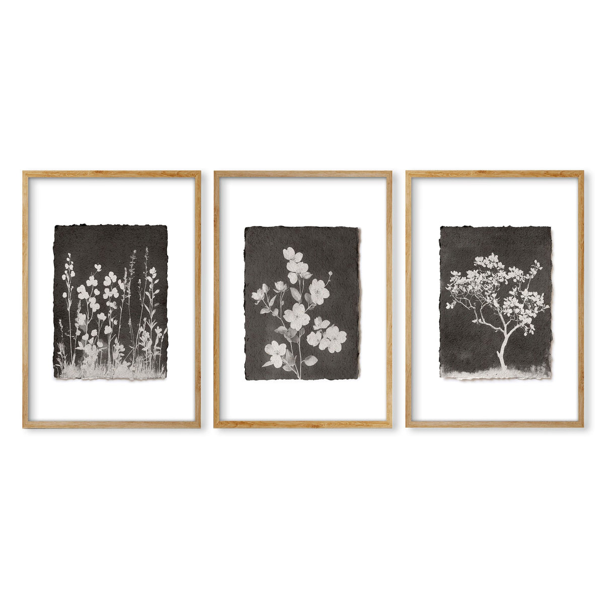 Bathroom Decor Sets Dark Botanical Wildflower & Blossom wall art in an oak frame