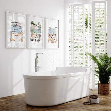 Bathroom Painting Coastal Mediterranean Watercolour "La Dolce Vita" Wall Art Prints | Set of 3