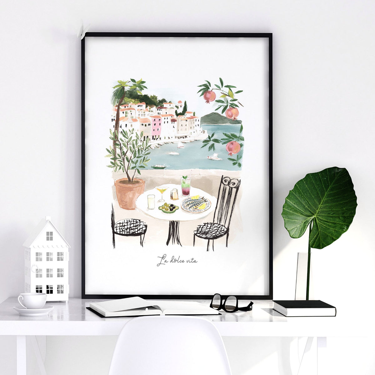 Bathroom Painting Coastal Mediterranean Watercolour "La Dolce Vita" wall art — piece 2 of 3 in the set