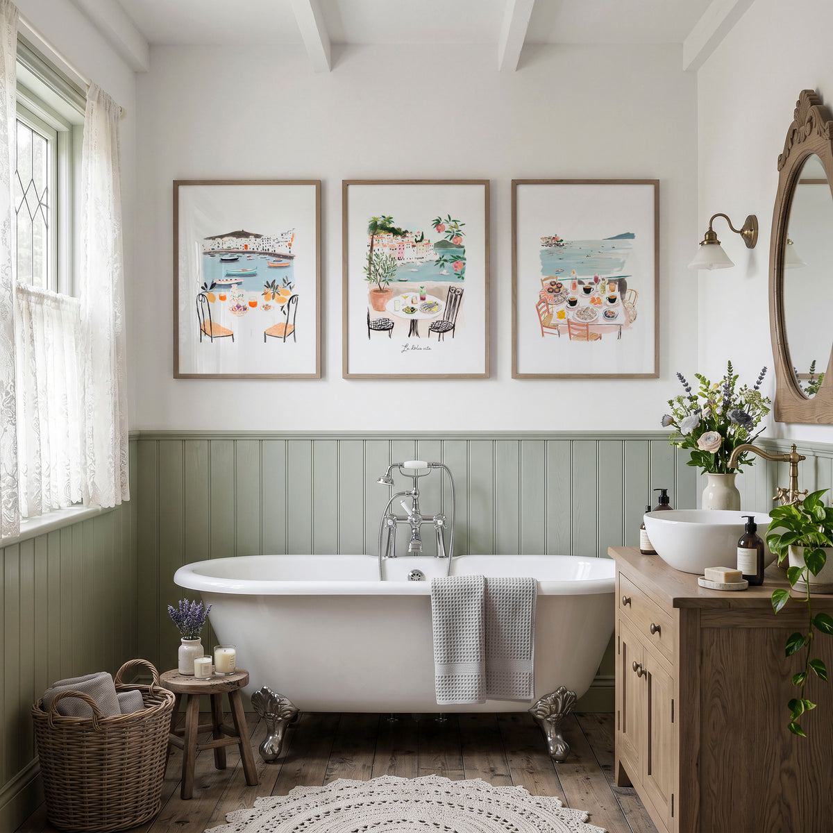 Bathroom Painting Coastal Mediterranean Watercolour "La Dolce Vita" wall art displayed on a wall in a styled room — view 2
