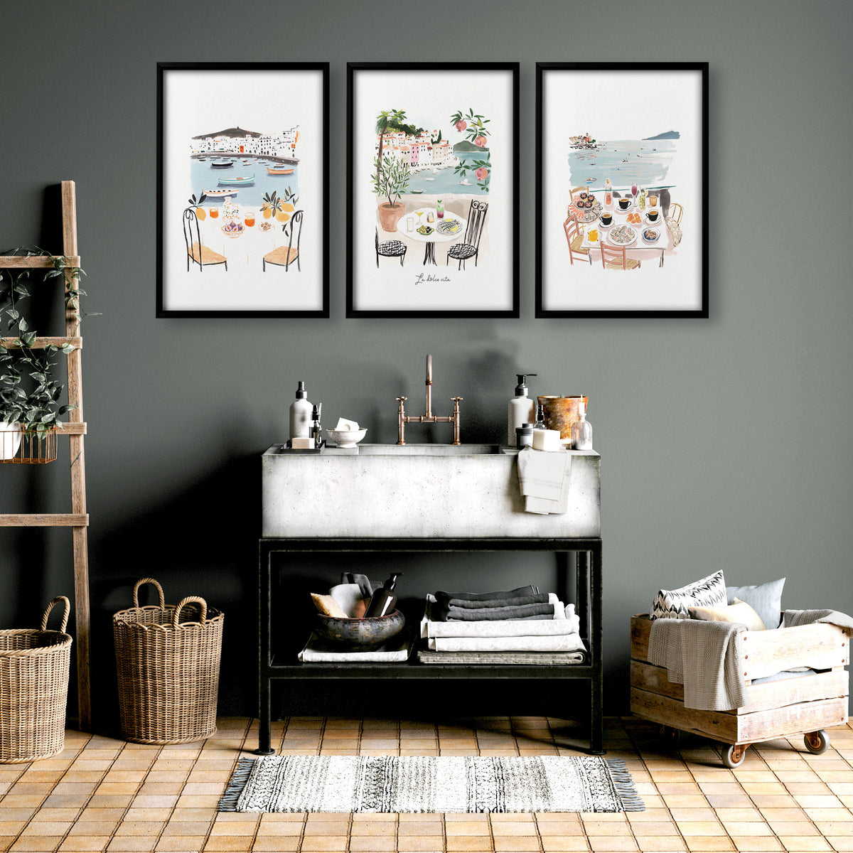 Bathroom Painting Coastal Mediterranean Watercolour "La Dolce Vita" wall art displayed on a wall in a styled room — view 4