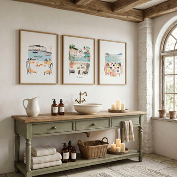 Bathroom Painting Coastal Mediterranean Watercolour "La Dolce Vita" wall art displayed on a wall in a styled room — view 6