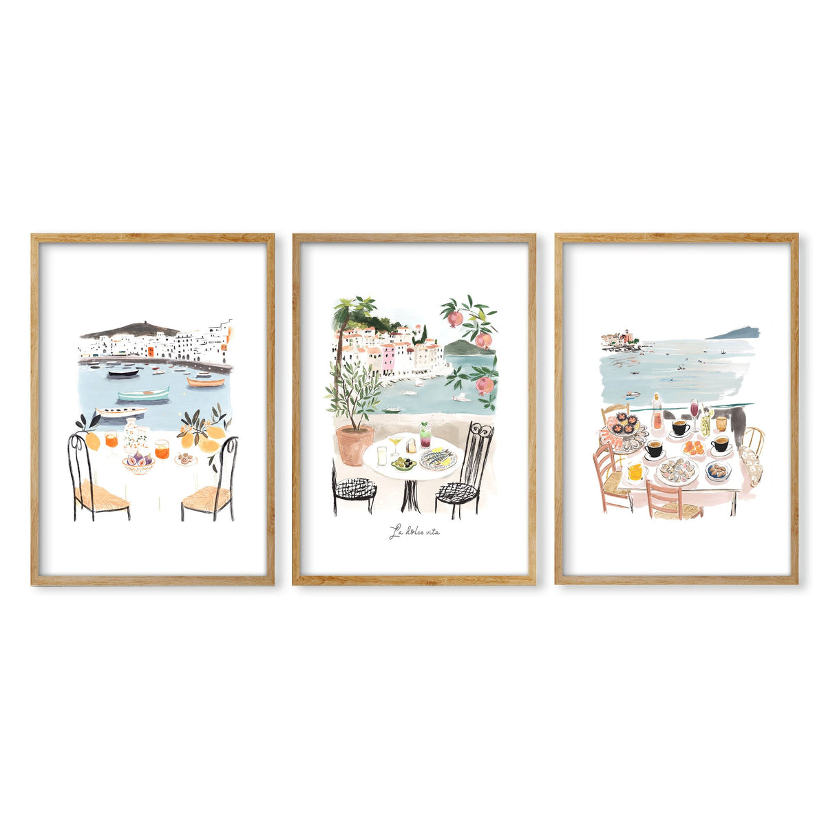 Bathroom Painting Coastal Mediterranean Watercolour "La Dolce Vita" wall art in an oak frame