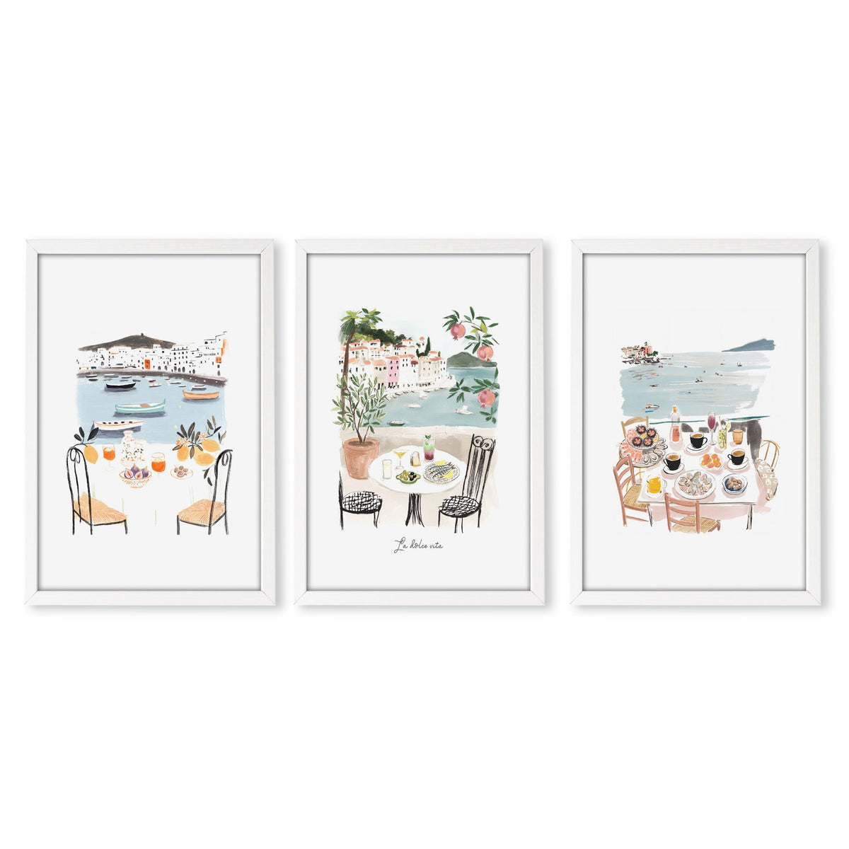 Bathroom Painting Coastal Mediterranean Watercolour "La Dolce Vita" wall art in a white frame