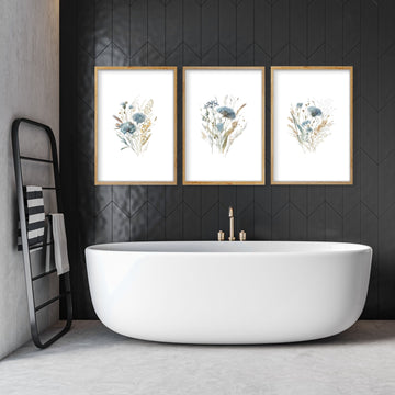 Bathroom Wall Art Blue | Set of 3 Botanical Wall art Prints