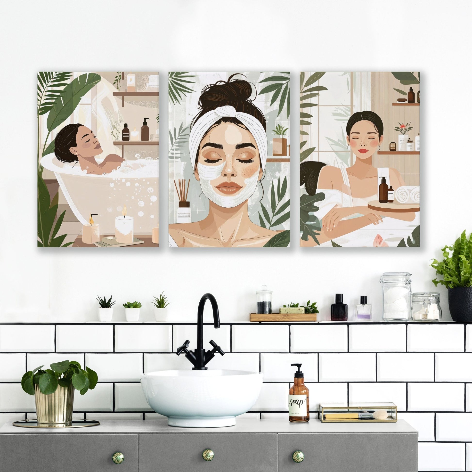 Bathroom Wall Decor Framed | Set of 3 Boho Women Wall art Prints