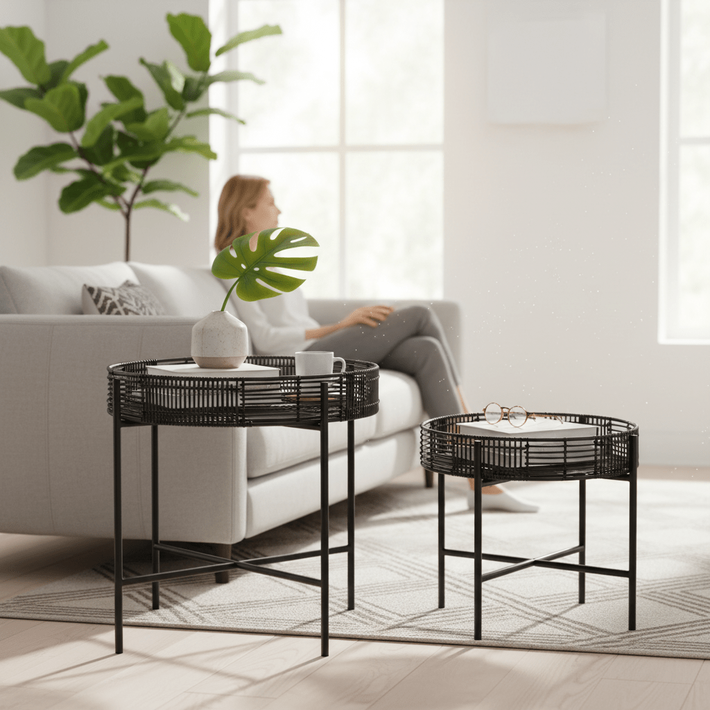 Batu Set of 2 Black Rattan Side Tables