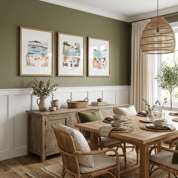 Beach Art Coastal Mediterranean Dining Watercolour wall art | "La Dolce Vita" displayed on a wall in a styled room