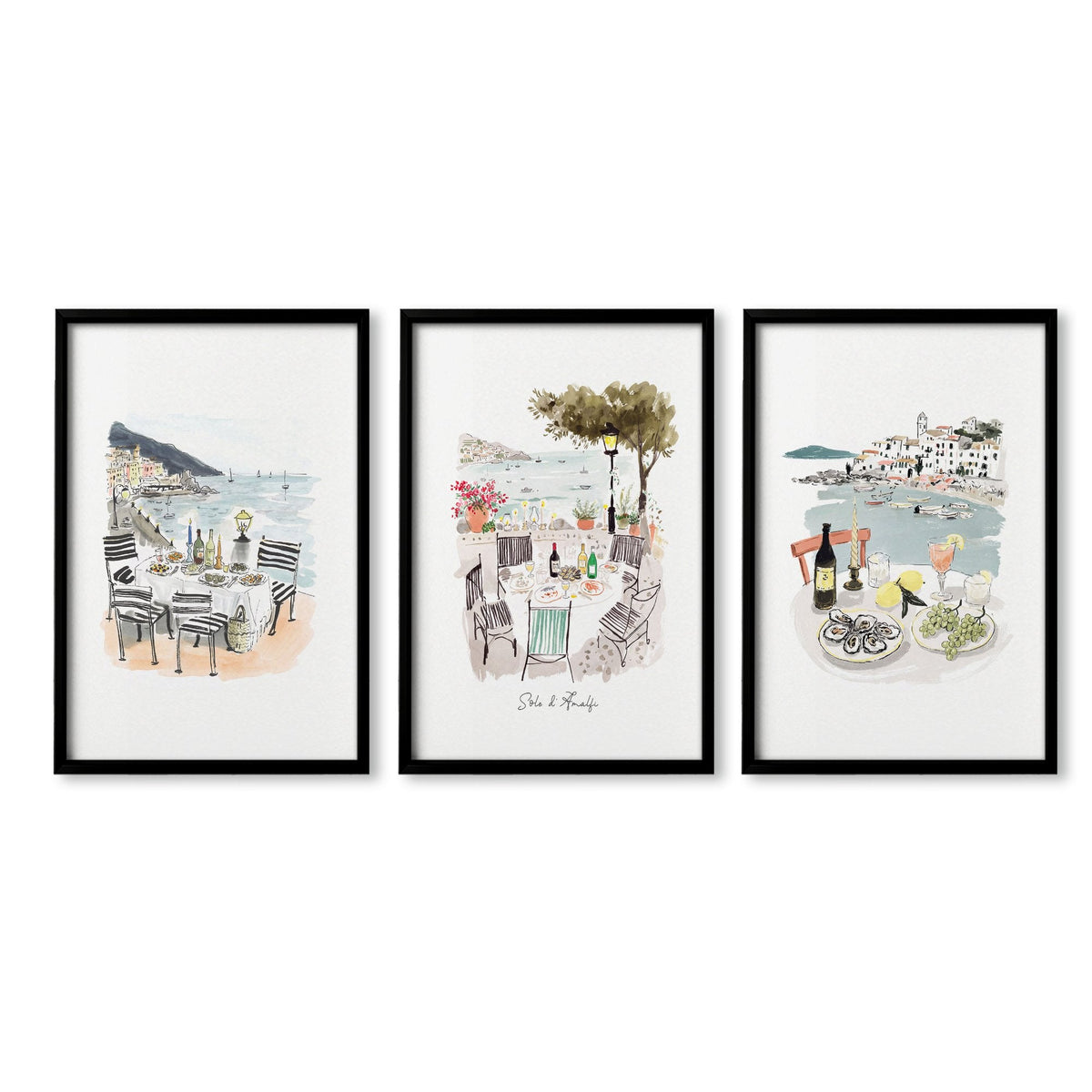 Beach Artwork Amalfi Coast Watercolour Coastal Dining Scenes "Solo di Amalfi" | Set of 3