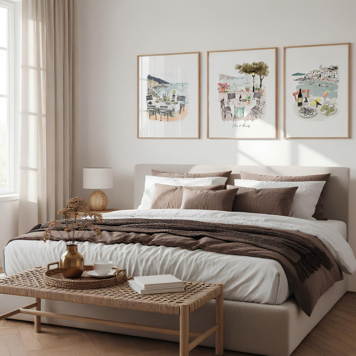 Beach Artwork Amalfi Coast Watercolour Coastal Dining Scenes "Solo di Amalfi" displayed on a wall in a styled room — view 4