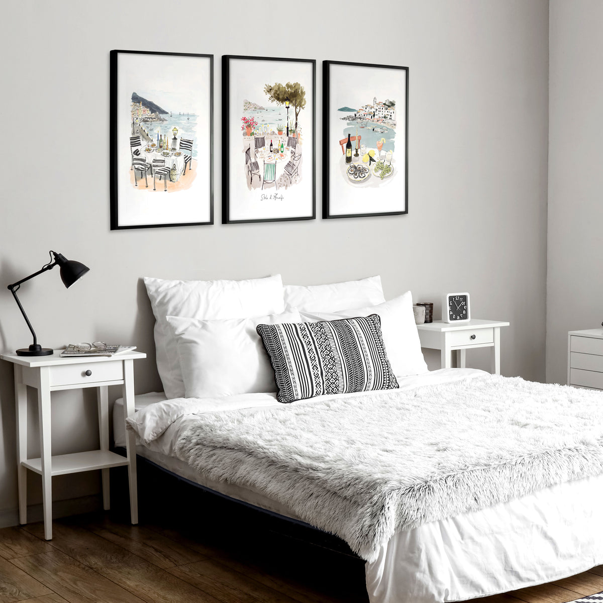 Beach Artwork Amalfi Coast Watercolour Coastal Dining Scenes "Solo di Amalfi" displayed on a wall in a styled room — view 8