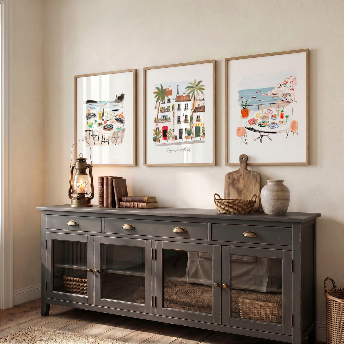 Beach Painting Amalfi Coast Watercolour "Sotto il sole d'Amalfi" Mediterranean wall art displayed on a wall in a styled room — view 5