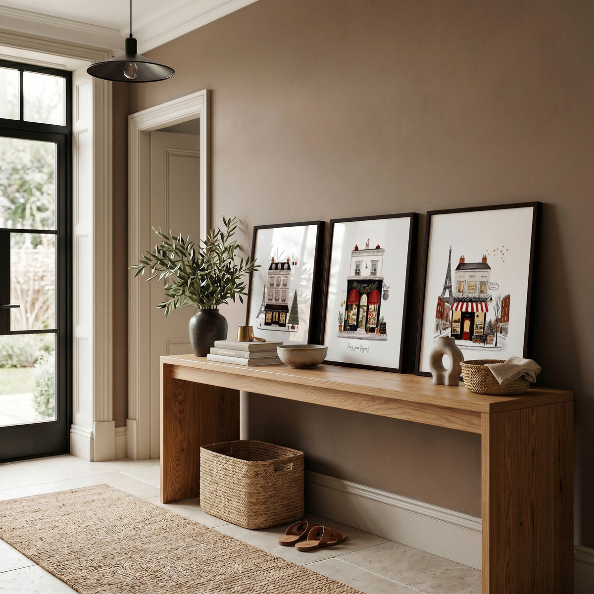 Beautiful Wall Art Paris Boutique Street Scenes "Paris, pour toujours" displayed on a wall in a styled room