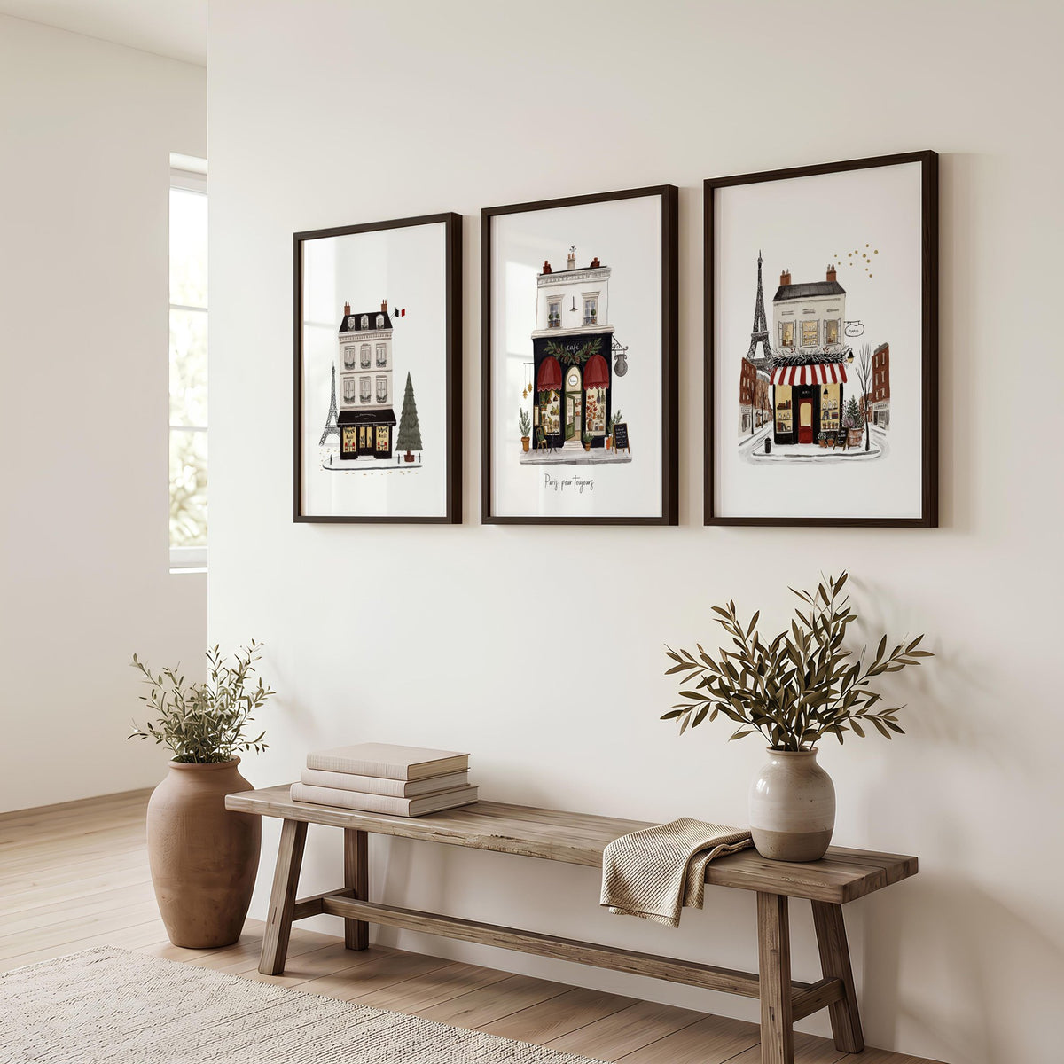 Beautiful Wall Art Paris Boutique Street Scenes "Paris, pour toujours" displayed on a wall in a styled room — view 6