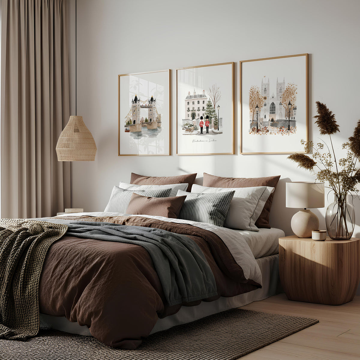 Bedroom Framed Pictures "Wintertime in London" British Travel wall art displayed on a wall in a styled room — view 2