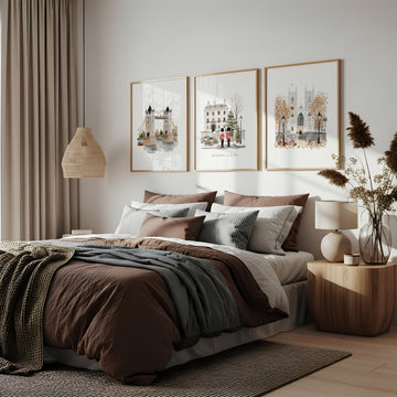 Bedroom Framed Pictures "Wintertime in London" British Travel wall art displayed on a wall in a styled room — view 2