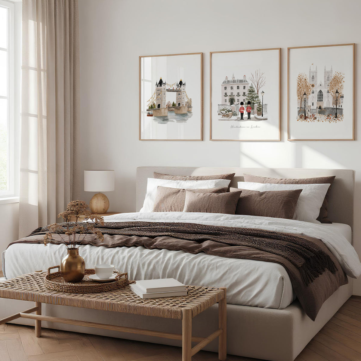 Bedroom Framed Pictures "Wintertime in London" British Travel wall art displayed on a wall in a styled room — view 4