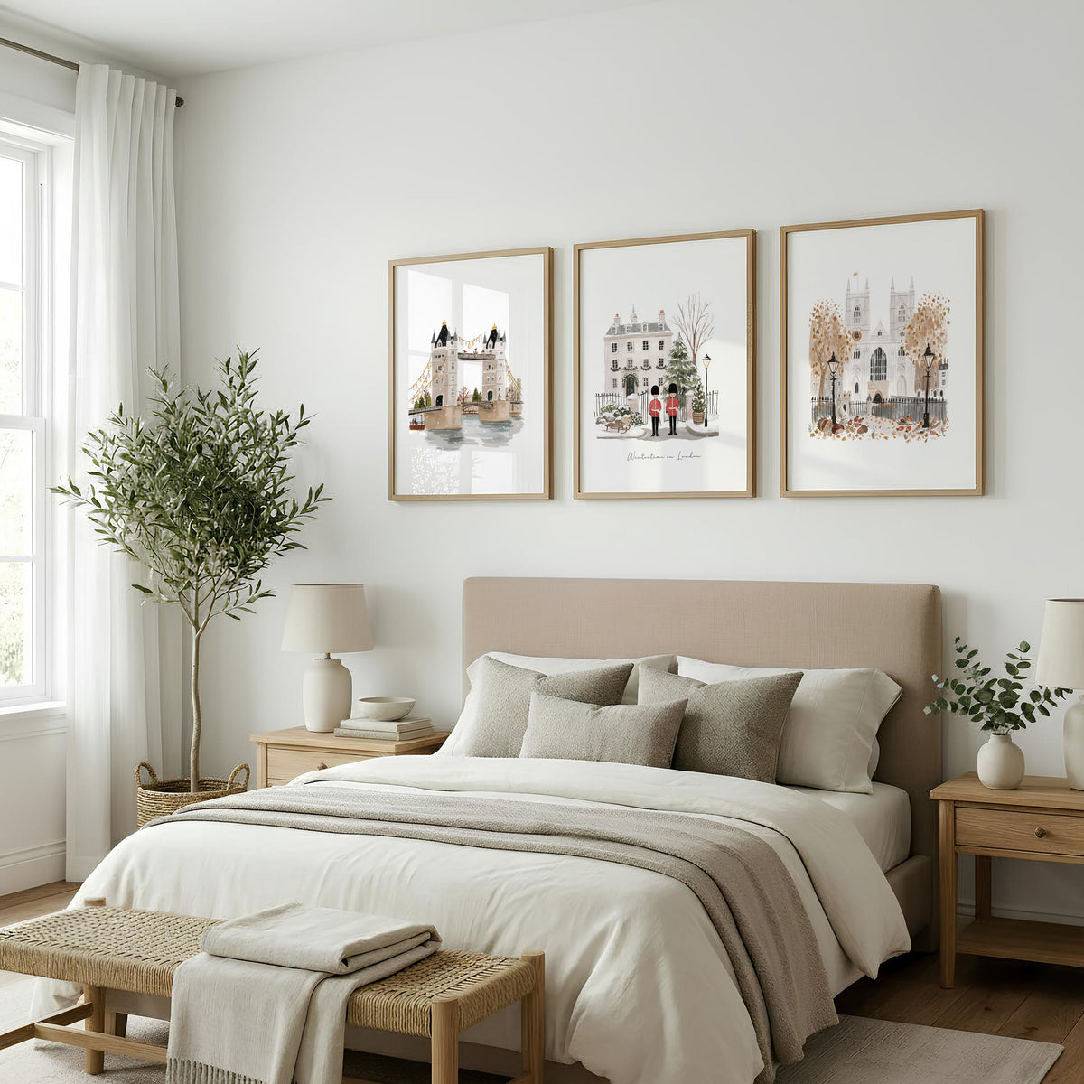 Bedroom Framed Pictures "Wintertime in London" British Travel wall art displayed on a wall in a styled room — view 6