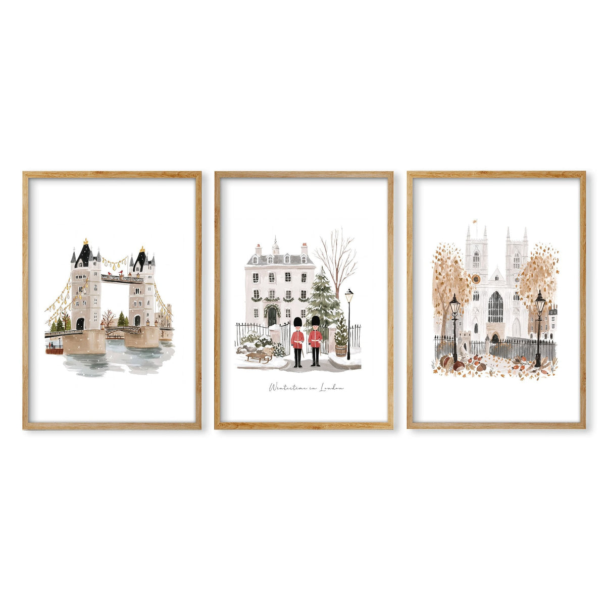 Bedroom Framed Pictures "Wintertime in London" British Travel Wall Art Prints | Set of 3