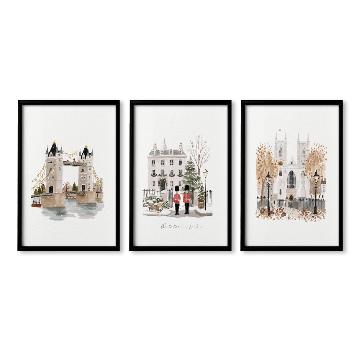 Bedroom Framed Pictures "Wintertime in London" British Travel Wall Art Prints | Set of 3