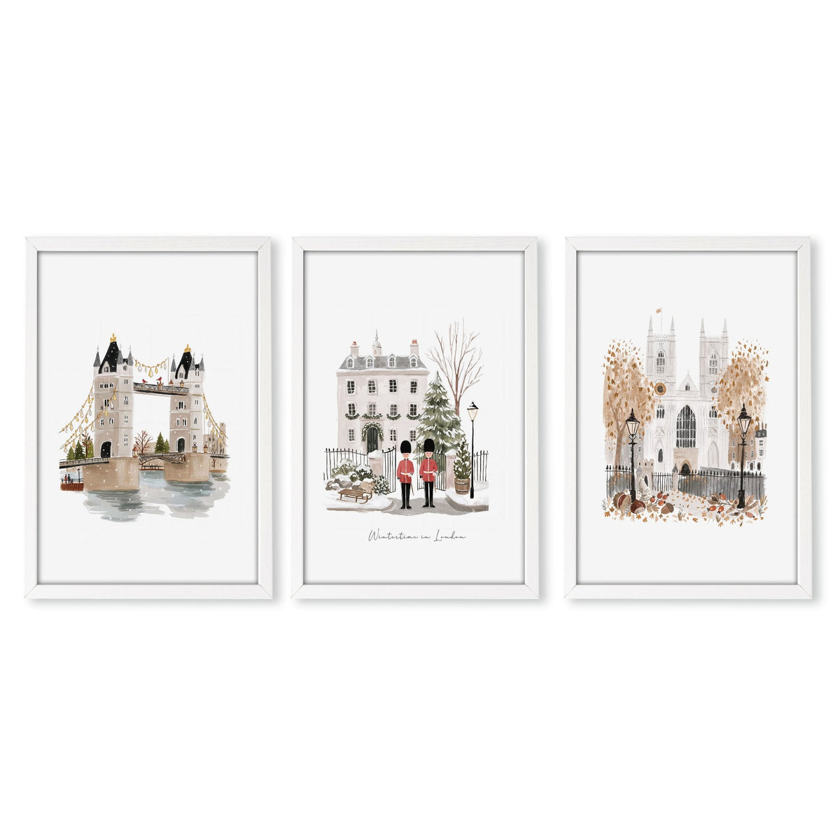 Bedroom Framed Pictures "Wintertime in London" British Travel Wall Art Prints | Set of 3