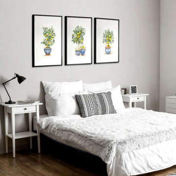 Bedroom Pictures for Walls French Country Lemon Tree Watercolour Art wall art displayed on a wall in a styled room — view 8