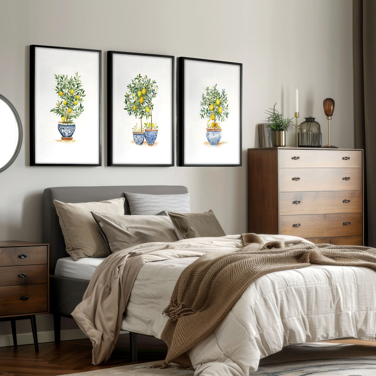 Bedroom Pictures for Walls French Country Lemon Tree Watercolour Art wall art displayed on a wall in a styled room — view 9