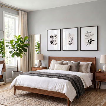 Bedroom Pictures Rustic Botanical Beige & Grey Floral wall art displayed on a wall in a styled room