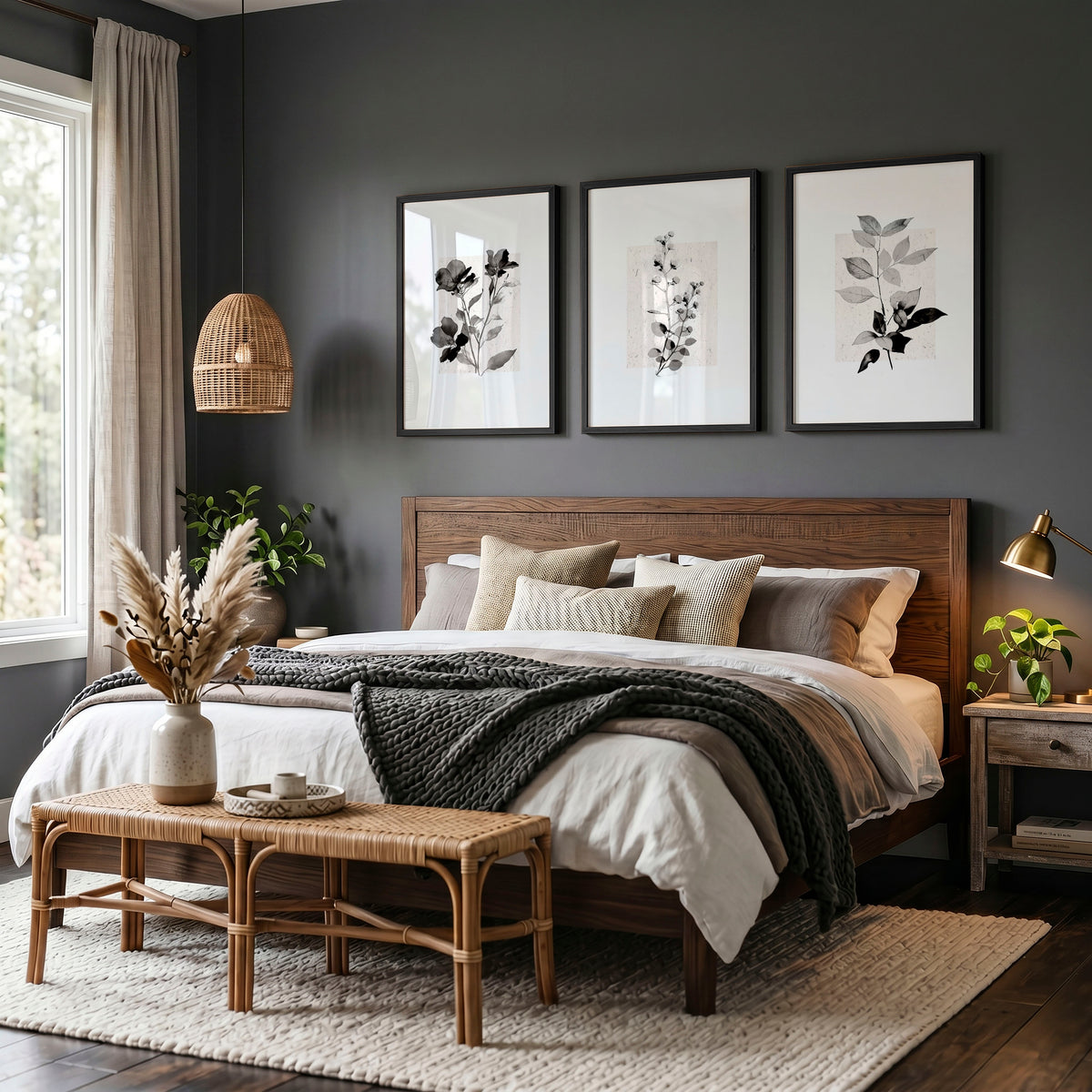 Bedroom Pictures Rustic Botanical Beige & Grey Floral wall art displayed on a wall in a styled room — view 5