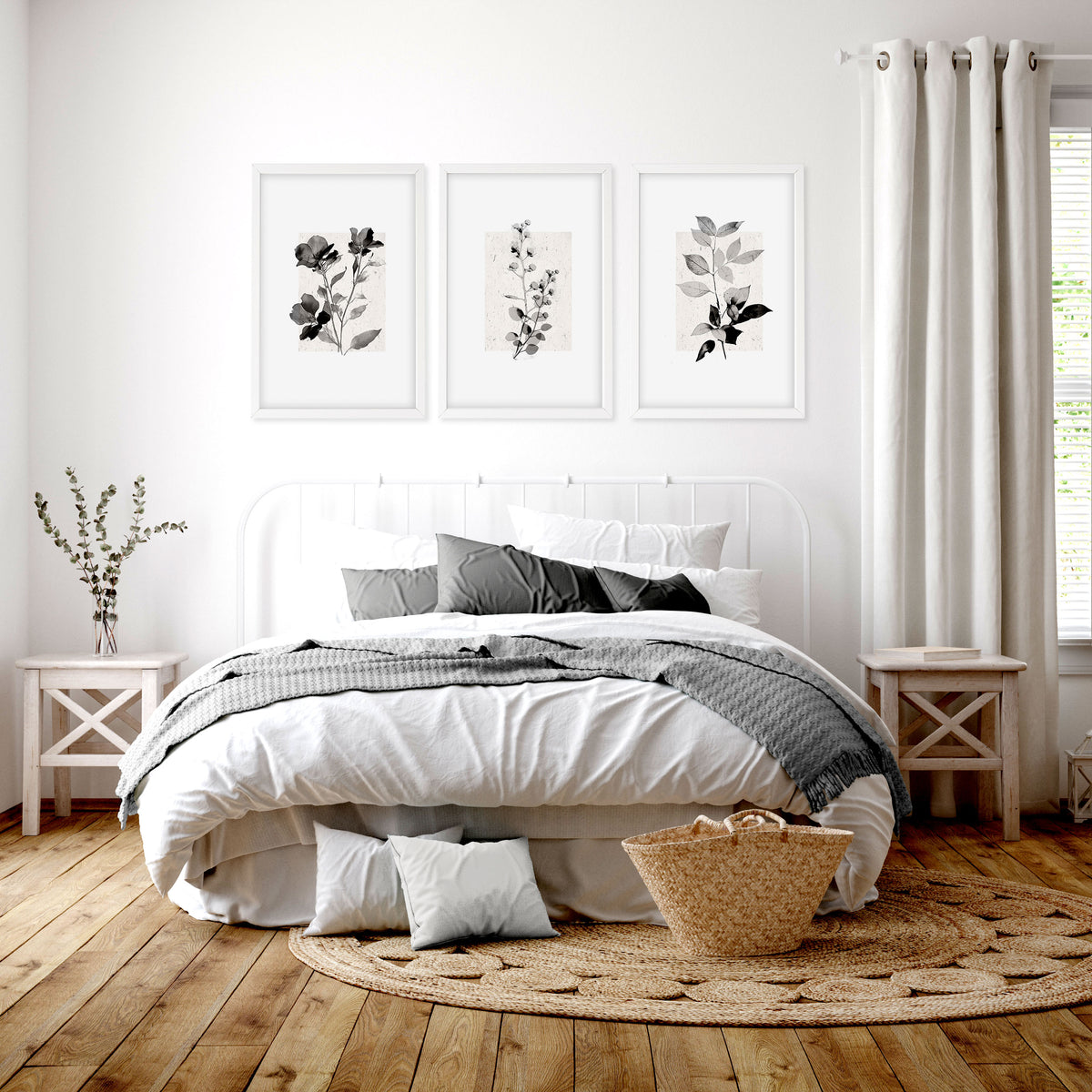Bedroom Pictures Rustic Botanical Beige & Grey Floral wall art displayed on a wall in a styled room — view 7