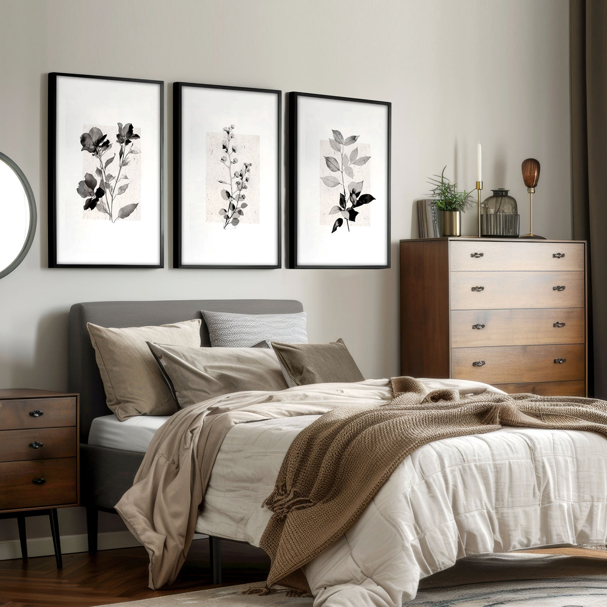 Bedroom Pictures Rustic Botanical Beige & Grey Floral wall art displayed on a wall in a styled room — view 9
