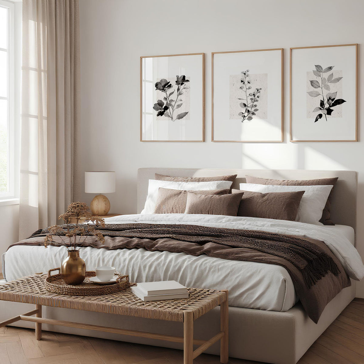 Bedroom Pictures Rustic Botanical Beige & Grey Floral Wall Art Prints | Set of 3