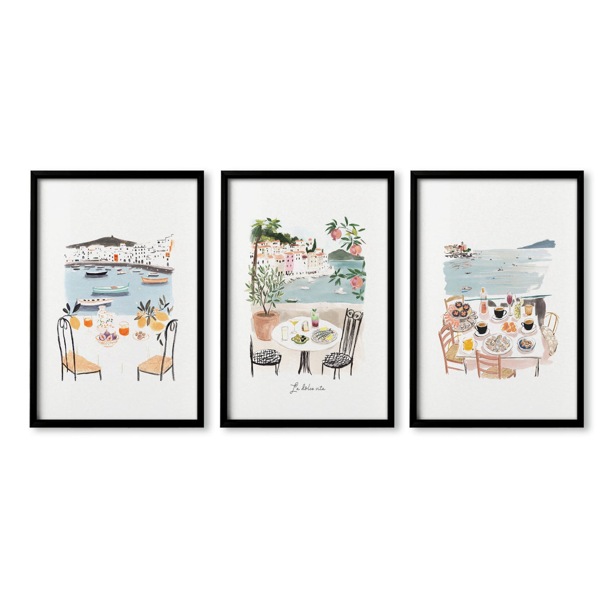 Bedroom wall art Mediterranean Coastal Watercolour Dining Scene "La Dolce Vita" in a black frame