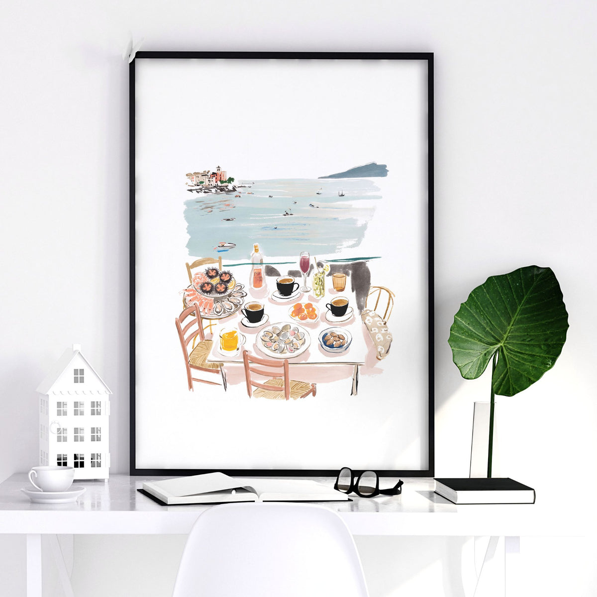 Bedroom wall art Mediterranean Coastal Watercolour Dining Scene "La Dolce Vita" — piece 3 of 3 in the set