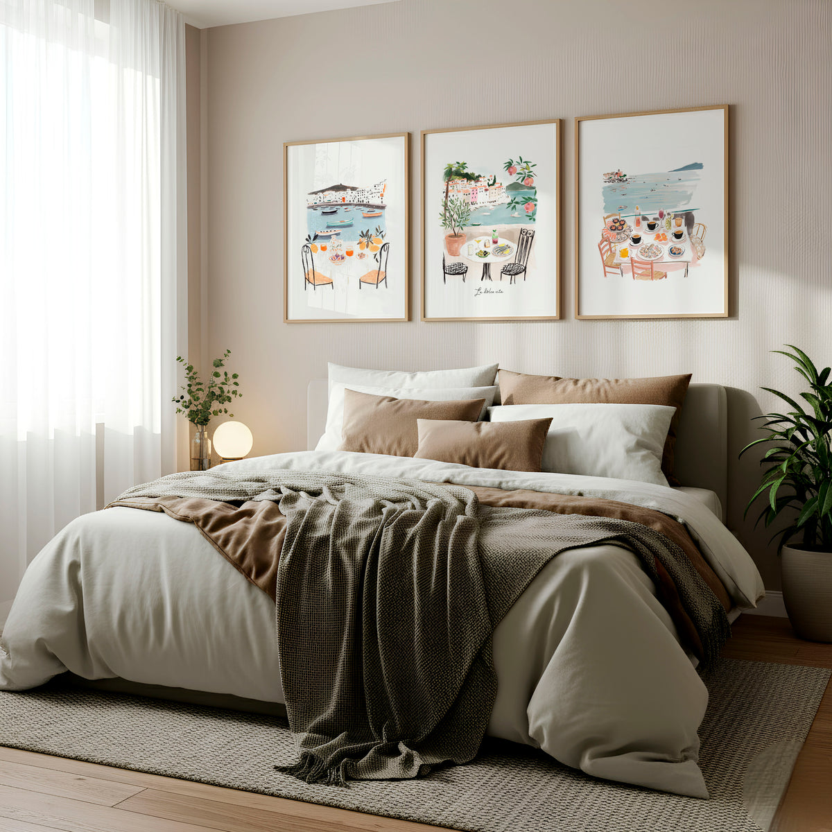 Bedroom wall art Mediterranean Coastal Watercolour Dining Scene "La Dolce Vita" displayed on a wall in a styled room — view 3