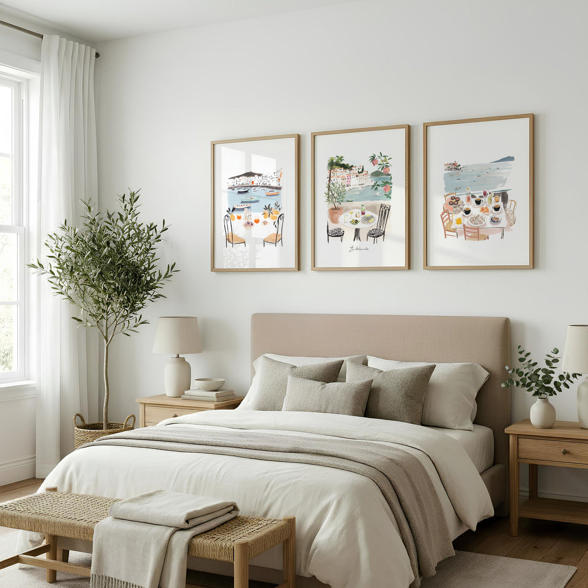 Bedroom wall art Mediterranean Coastal Watercolour Dining Scene "La Dolce Vita" displayed on a wall in a styled room — view 6