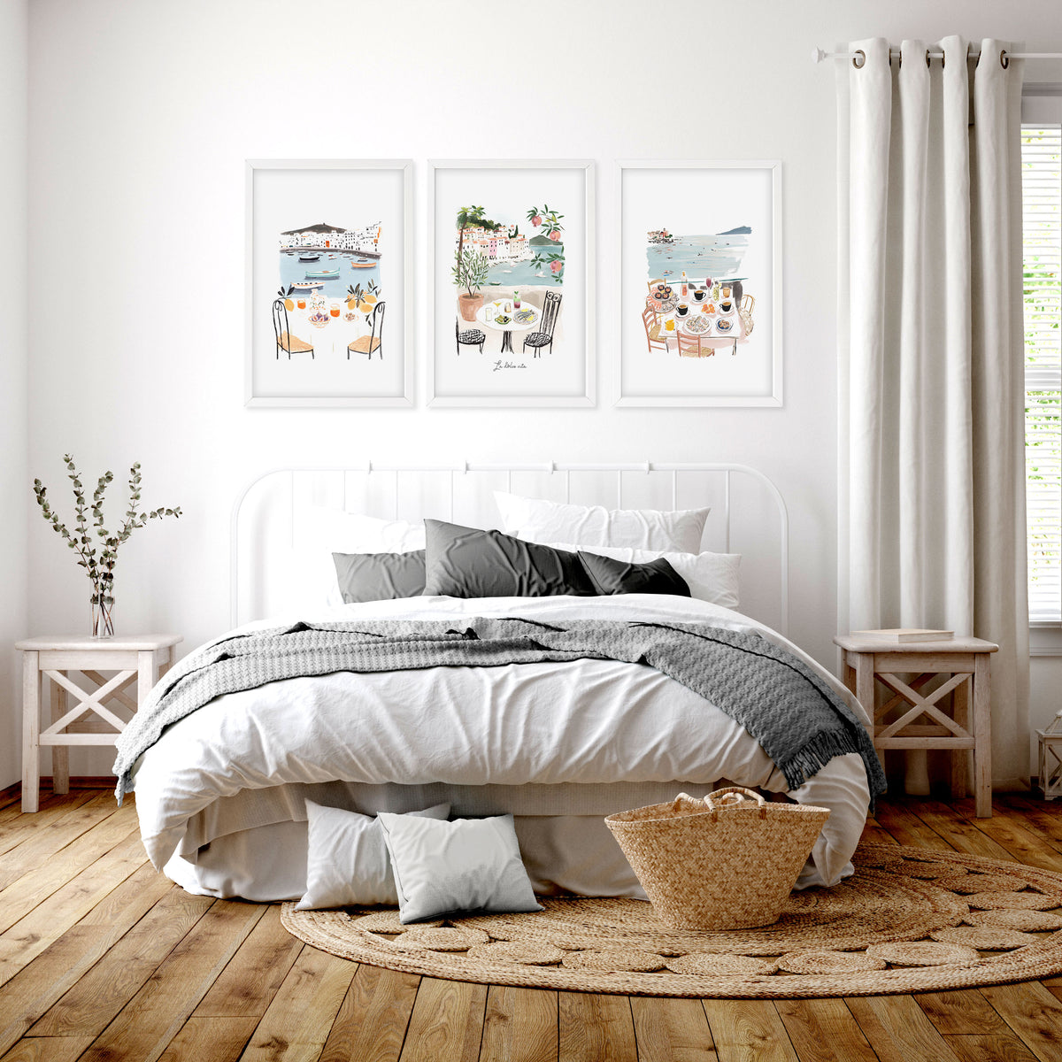 Bedroom wall art Mediterranean Coastal Watercolour Dining Scene "La Dolce Vita" displayed on a wall in a styled room — view 7