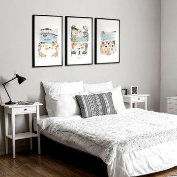Bedroom wall art Mediterranean Coastal Watercolour Dining Scene "La Dolce Vita" displayed on a wall in a styled room — view 8