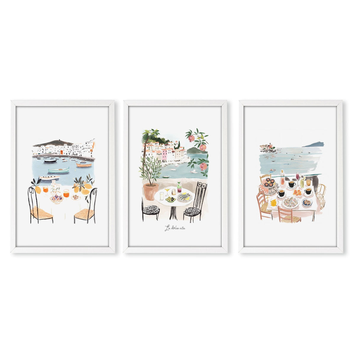 Bedroom Prints Mediterranean Coastal Watercolour Dining Scene "La Dolce Vita" | Set of 3