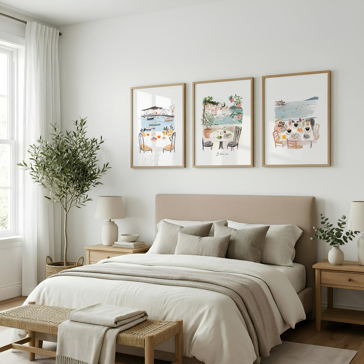 Bedroom Prints Mediterranean Coastal Watercolour Dining Scene "La Dolce Vita" | Set of 3