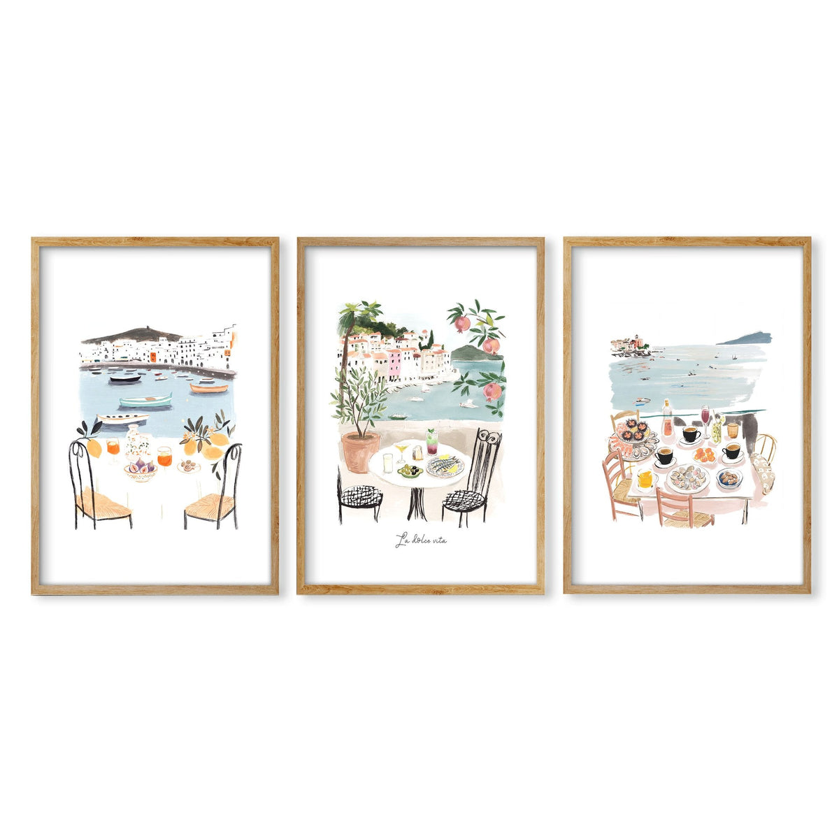 Bedroom Prints Mediterranean Coastal Watercolour Dining Scene "La Dolce Vita" | Set of 3