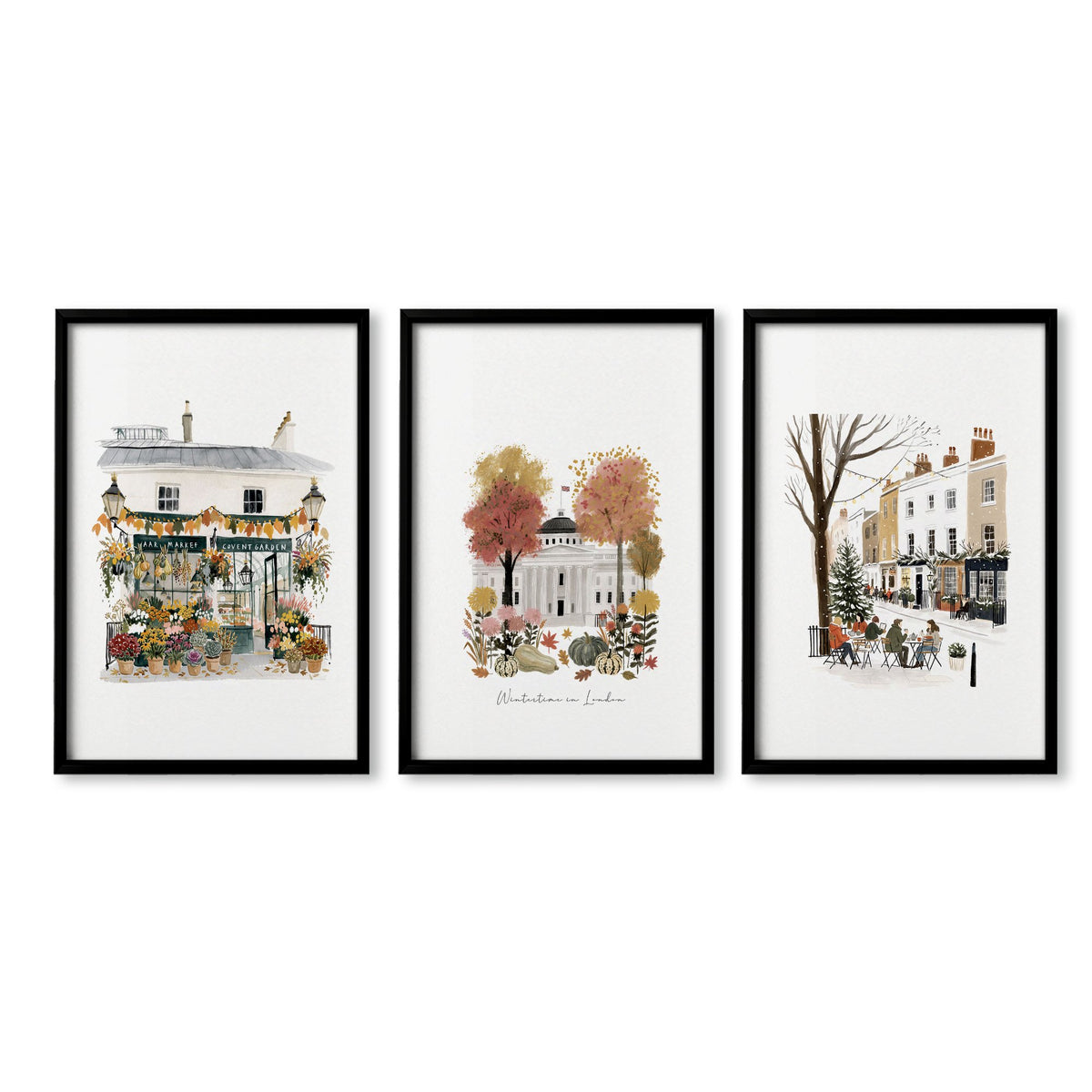 Bedroom Wall Frames London Travel Art | "Wintertime in London" Covent Garden White & Orange Set of 3 in a black frame