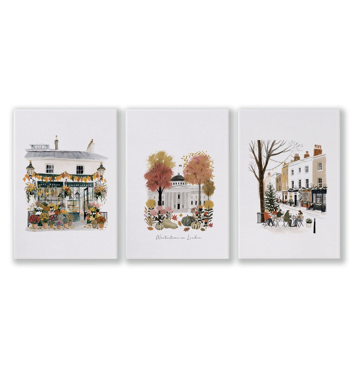Bedroom Wall Frames London Travel Art | "Wintertime in London" Covent Garden White & Orange Set of 3 as a wrapped canvas