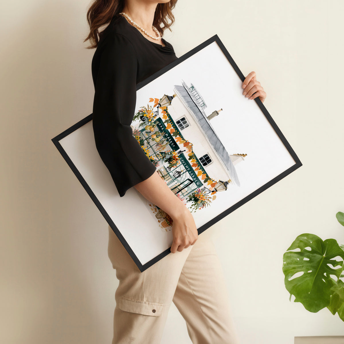 Bedroom Wall Frames London Travel Art | "Wintertime in London" Covent Garden White & Orange Set of 3 displayed on a wall in a styled room — view 9