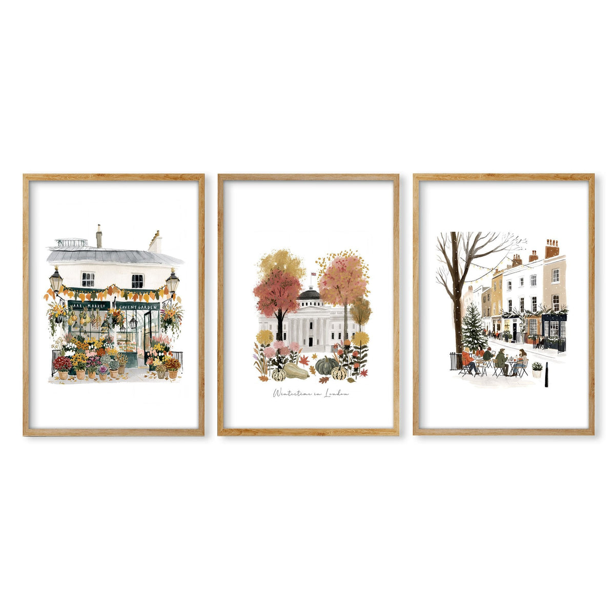 Bedroom Wall Frames London Travel Art | "Wintertime in London" Covent Garden White & Orange Set of 3