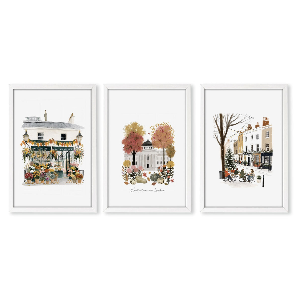 Bedroom Wall Frames London Travel Art | "Wintertime in London" Covent Garden White & Orange Set of 3