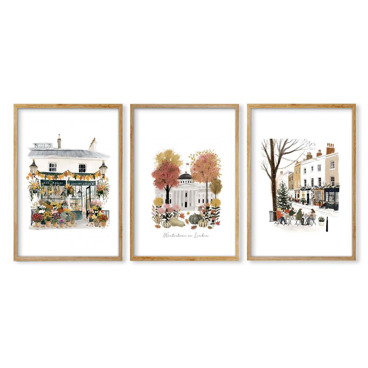 Bedroom Wall Frames London Travel Art | "Wintertime in London" Covent Garden White & Orange Set of 3 in an oak frame