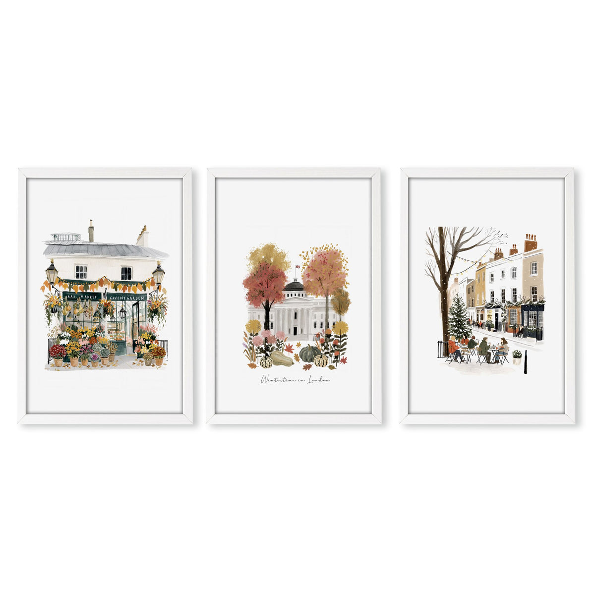 Bedroom Wall Frames London Travel Art | "Wintertime in London" Covent Garden White & Orange Set of 3 in a white frame