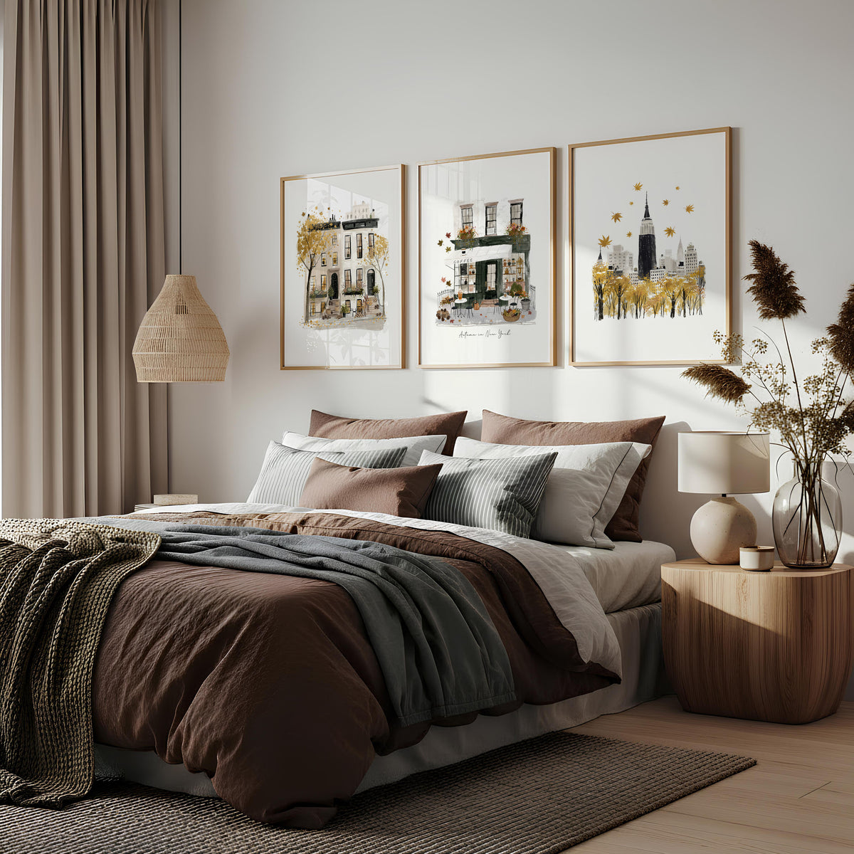 Bedroom Wall Picture Frames New York City Autumn Travel wall art | "Autumn in New York" displayed on a wall in a styled room — view 2